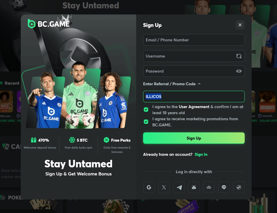 Screenshot BC Game - Bonus Sans Dépôt 5€ Gratuits avec code ILLICO5
