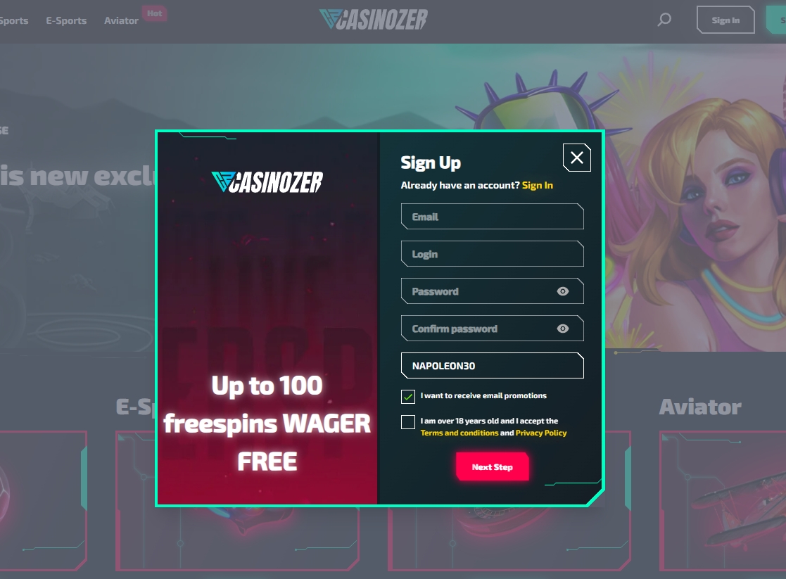 Screenshot Casinozer - Bonus Sans Dépôt 20 Tours Gratuits avec code NAPOLEON30